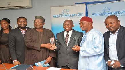 L-r) Evelyn Chukwudubem, Human Resource Manager, Nnamdi Onyebuchi, Chief Operating Officer, Chief Ulu Mba, Director, Obinna Ekwonwa, CEO, Chief Godwin Obidike, Director and Ambrose Okoigbo, Chief Sales Officer, all Weco Systems at the official presentation of Double Cisco Awards to Weco Systems board of directors, held in Lagos.